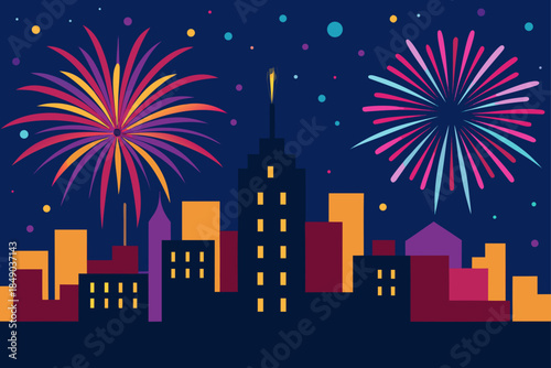 Colorful fireworks exploding over city skyline at night