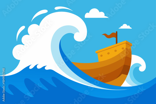 Wooden boat navigating huge ocean waves illustration