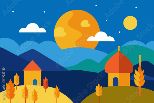 Stylized night landscape with houses and harvest plants