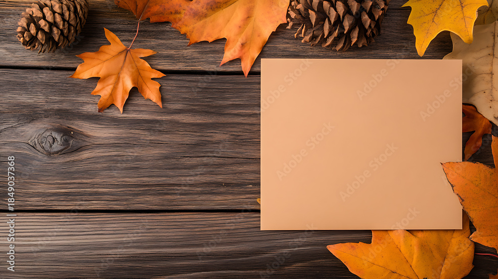 Obraz premium Autumn scene with leaves, pine cones, and a blank card on a wooden surface evokes a cozy, seasonal atmosphere. Perfect for fall-themed messages or artistic creations.
