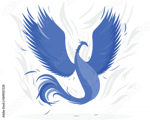 Blue Phoenix Bird Rising from Flames wings spread mythical creature desi