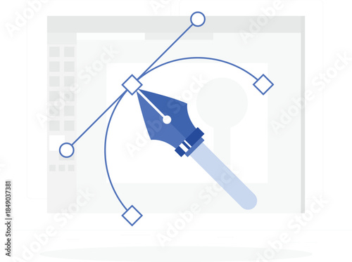 Blue pen nib with curved line and squares on digital tablet digital curved line