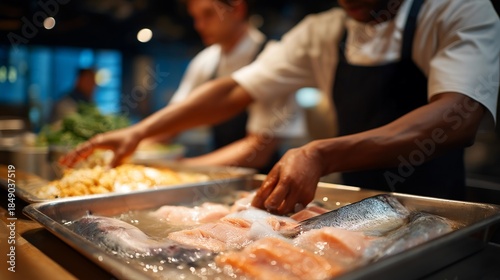 A time-lapse view of workers unloading fresh fish into a flash-freeze zone, frost immediately forming on trays as high-powered coolers activate — seafood preservation, rapid freezing process, and