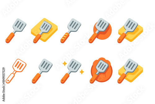 Kitchenware 3d icon set. Spatula, cooking utensils in 3d style collection