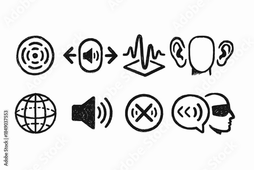 Communication, audio linear icon set. Sound, hearing, symbol collection in line style.