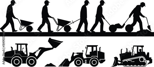 Construction workers and heavy machinery silhouettes in action Keywords: construction, worker, silhouette, man, male, laborer