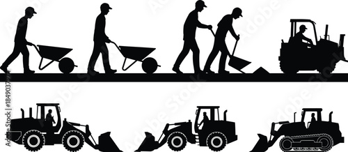Construction Workers and Heavy Machinery Silhouettes on White Background Keywords: construction, worker, silhouette, man, people