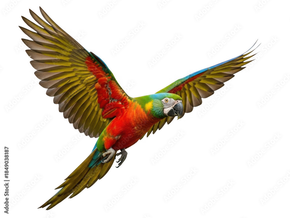 Fototapeta premium Vibrant parrot in flight isolated on transparent background
