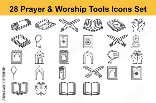 Set of 28 Islamic prayer and worship tools icons including prayer mats books and rosaries