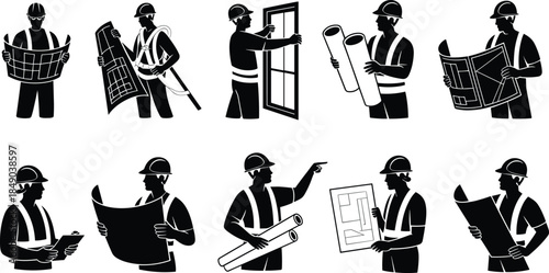 Construction Workers Silhouettes Reviewing Blueprints and Plans Keywords: construction, worker, silhouette, blueprint, plan