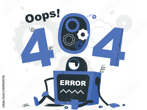 Blue robot with error message and 404 number oops d