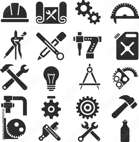 Engineering and Tools Icons With Gears and Measuring Devices on White Background silhouette hard hat