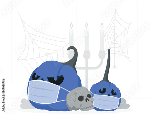 Blue pumpkins and skull wearing face masks with spider web and candelabra desig