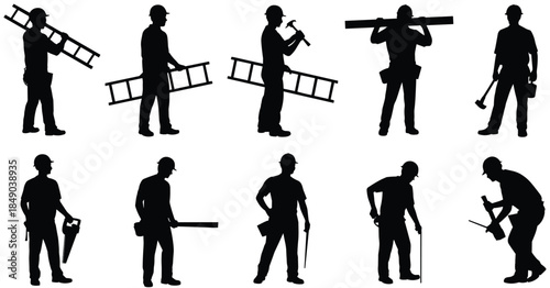 Silhouette Construction Workers Performing Various Tasks With Tools And Ladders Keywords: construction worker, silhouette