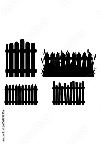 Wooden fence silhouette, collection of fence with grass vectors, black vector of fence