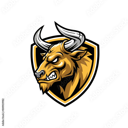 Illustration of a fierce bull's head with sharp horns on a black and gold shield against a white background.