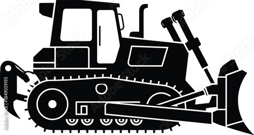 Silhouette of a Heavy Duty Bulldozer with Blade Keywords: bulldozer, silhouette, heavy machinery, construction equipment