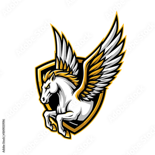 Illustration of a white winged horse emerging from a black and gold shield on a white background with bold lines and vibrant colors.