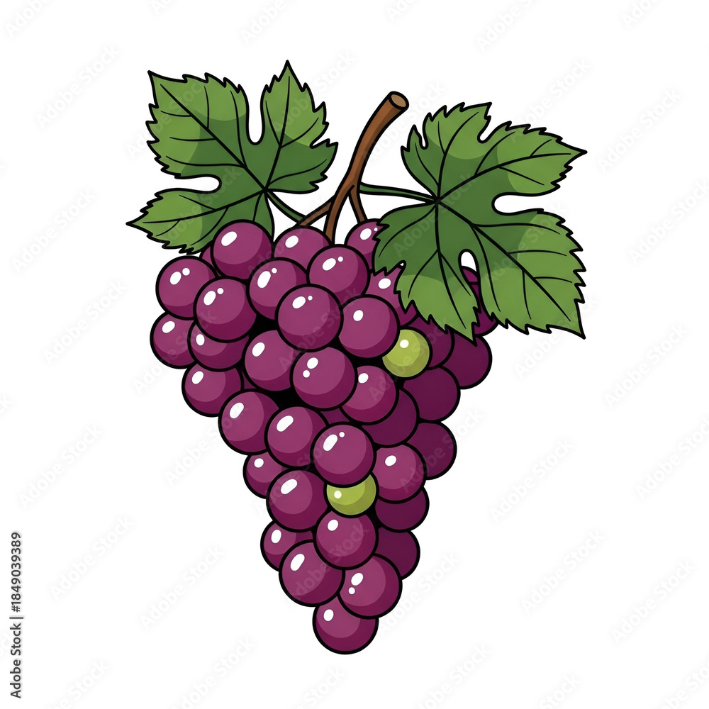 Fototapeta premium Illustration of a ripe bunch of purple grapes with green leaves, perfect for food and drink related designs