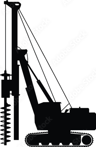 Silhouette of a pile driver machine with auger on white background construction equipment heavy machinery
