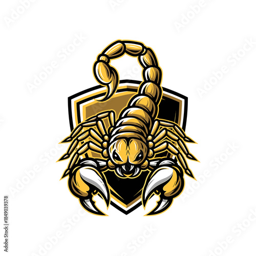 Illustration of a gold scorpion emblem with shield on a white background, featuring bold lines and vibrant colors.