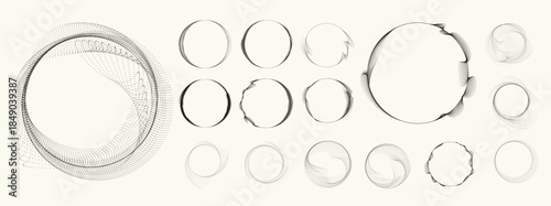 Abstract circular halftones element set, geometric dotted ring and spiral circle shapes for modern design, technology, or motion graphic backgrounds. Dotted round elements, radial spirals, and vortex.