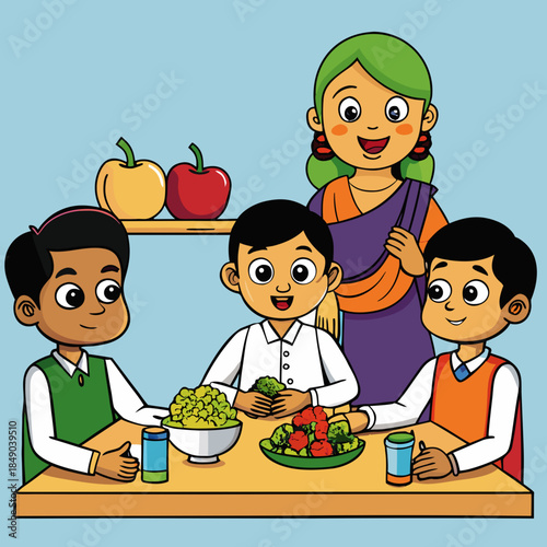 Happy Indian Family Eating Healthy Vegetables Cartoon Vector Illustration