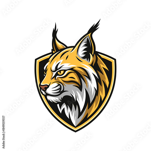 Illustration of a stylized lynx head in a shield emblem with yellow, white, and black colors on a plain white background.
