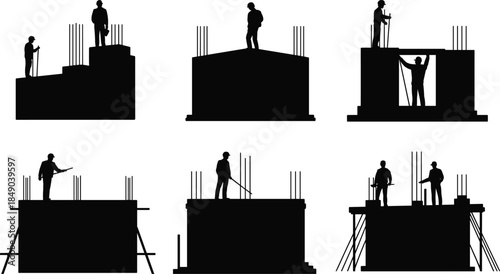 Silhouettes of construction workers building a concrete structure with rebar and scaffolding builder