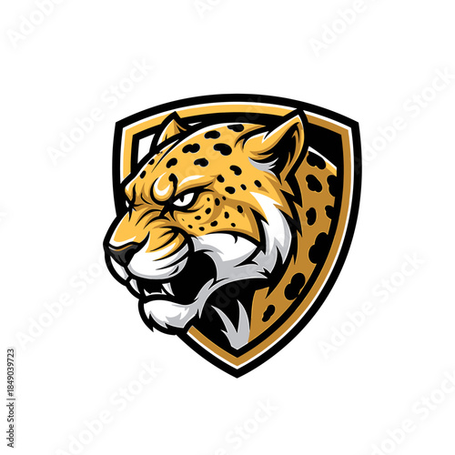 Illustration of a fierce jaguar's head in profile, set within an orange and black shield on a white background, with bold lines and vibrant colors.