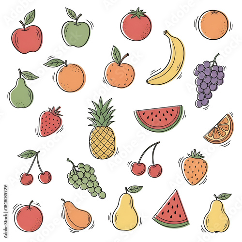 A charming collection of vibrant, hand-drawn fruit illustrations, perfect for promoting healthy eating, fresh produce, and nutritional concepts with a playful artistic touch