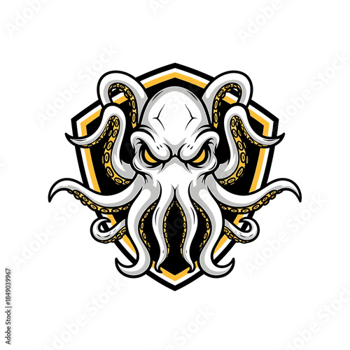 Illustration of a white octopus head with yellow eyes and tentacles on a black and yellow shield with a white background.