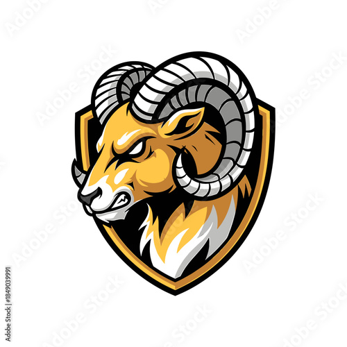 Illustration of a ram's head with curved horns on a shield emblem with orange, white, and black colors on a plain white background.