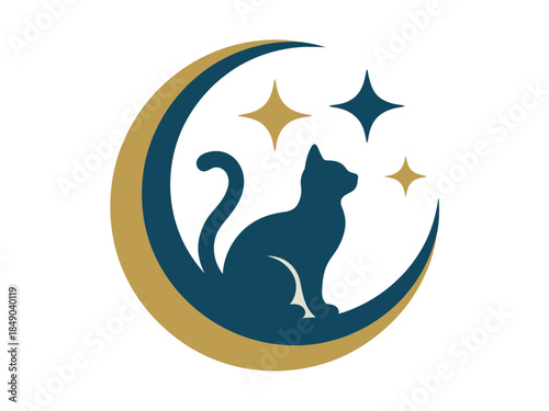 Mystical Cat Sitting on Crescent Moon with Golden Stars Shining Brightly