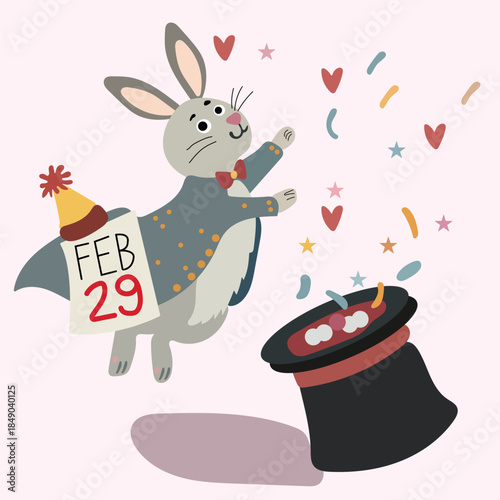Cute magic rabbit celebrating leap year February twenty nine Illustration