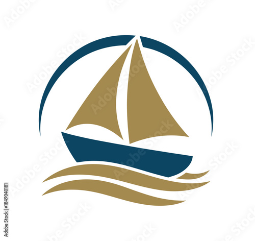 Sailing Boat Logo with Golden Sails and Blue Hull on Wavy Ocean Background