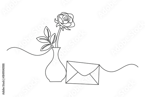 Rose and an envelope for romantic concept one line art