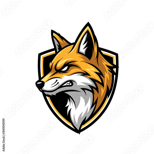 Illustration of a fox's head in profile, set within a shield emblem with orange, white, and black colors on a plain white background.