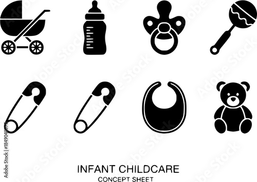 Infant childcare items and toys arranged neatly for a childcare concept