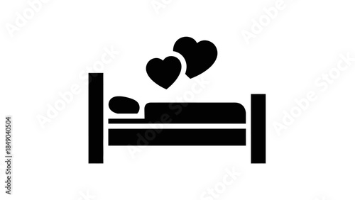 Romantic bed with two hearts symbol on isolated white background