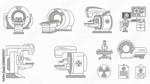 Extensive collection of medical imaging and diagnostic equipment icons, including MRI, mammography, X-ray, and patient data, in a detailed outline style on an isolated white background.