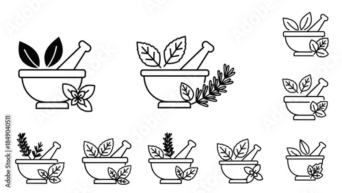 Set of mortar and pestle icons with various herbs and leaves, symbolizing natural medicine, herbal remedies, and organic ingredients on an isolated white background.
