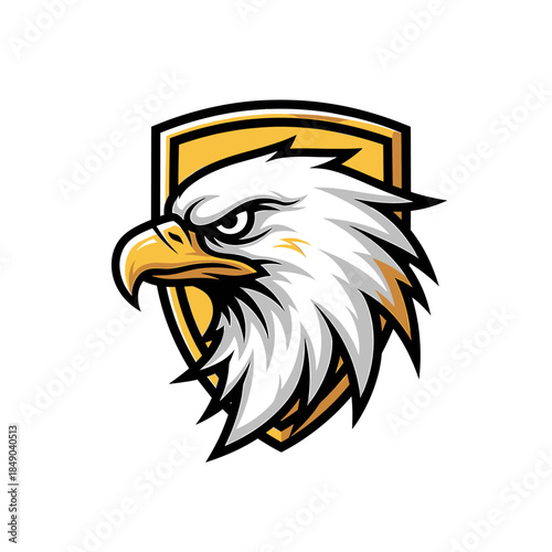 Illustration of a white bald eagle head in profile with a yellow shield behind on a white background.