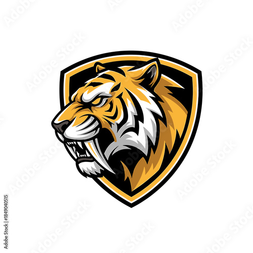 Illustration of a fierce tiger's head in a shield emblem with orange, black, and white colors on a plain white background.
