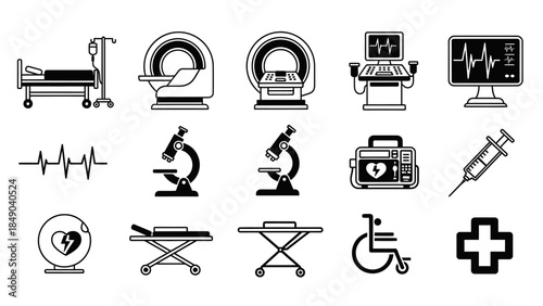 Comprehensive Medical and Healthcare Icons Set depicting hospital equipment, diagnostic tools, emergency symbols, and patient care items, isolated white background.