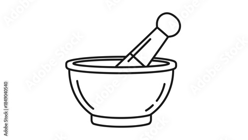 Traditional mortar and pestle outline icon, symbolizing pharmaceutical compounding and natural remedies on an isolated white background.
