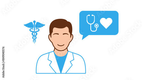 Smiling Male Doctor Avatar with Stethoscope and Caduceus Symbol on isolated white background