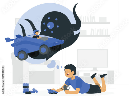 Boy playing with toy car and dreaming of racing des