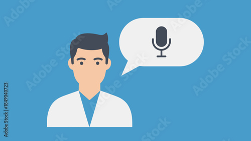 Young Man Speaking into Microphone for Voice Command or Assistant in Blue Background