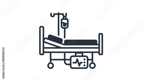Hospital Bed with IV Drip and Monitor Outline Isolated White Background